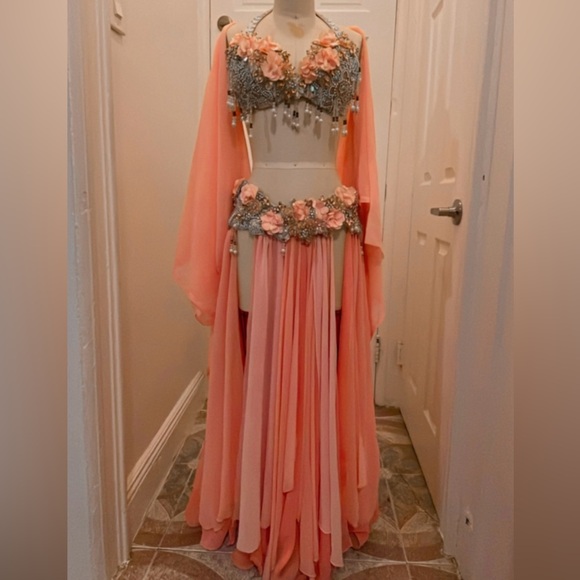 Other - Peach 🍑 Silk Flowers Crystal Belly Dance Costume